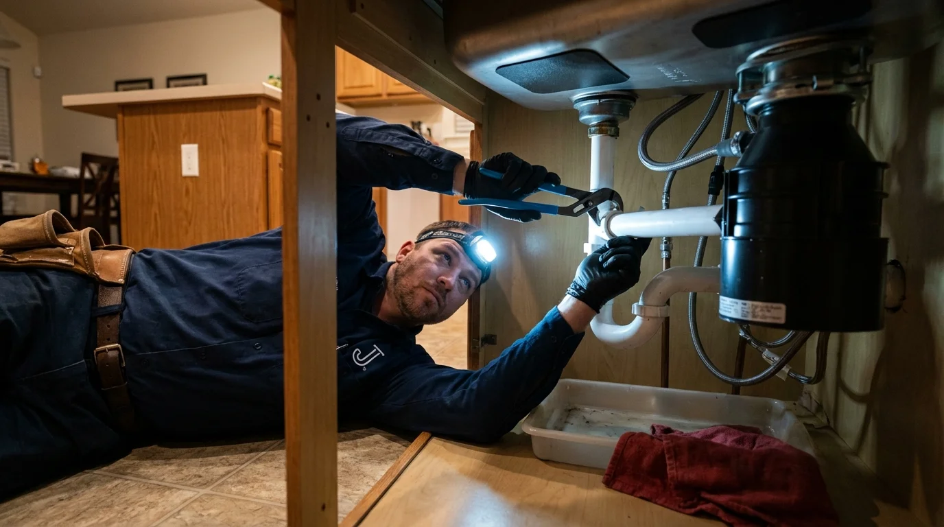 P-trap and supply line connections under a kitchen sink showing a common leak point in Winter Haven, FL